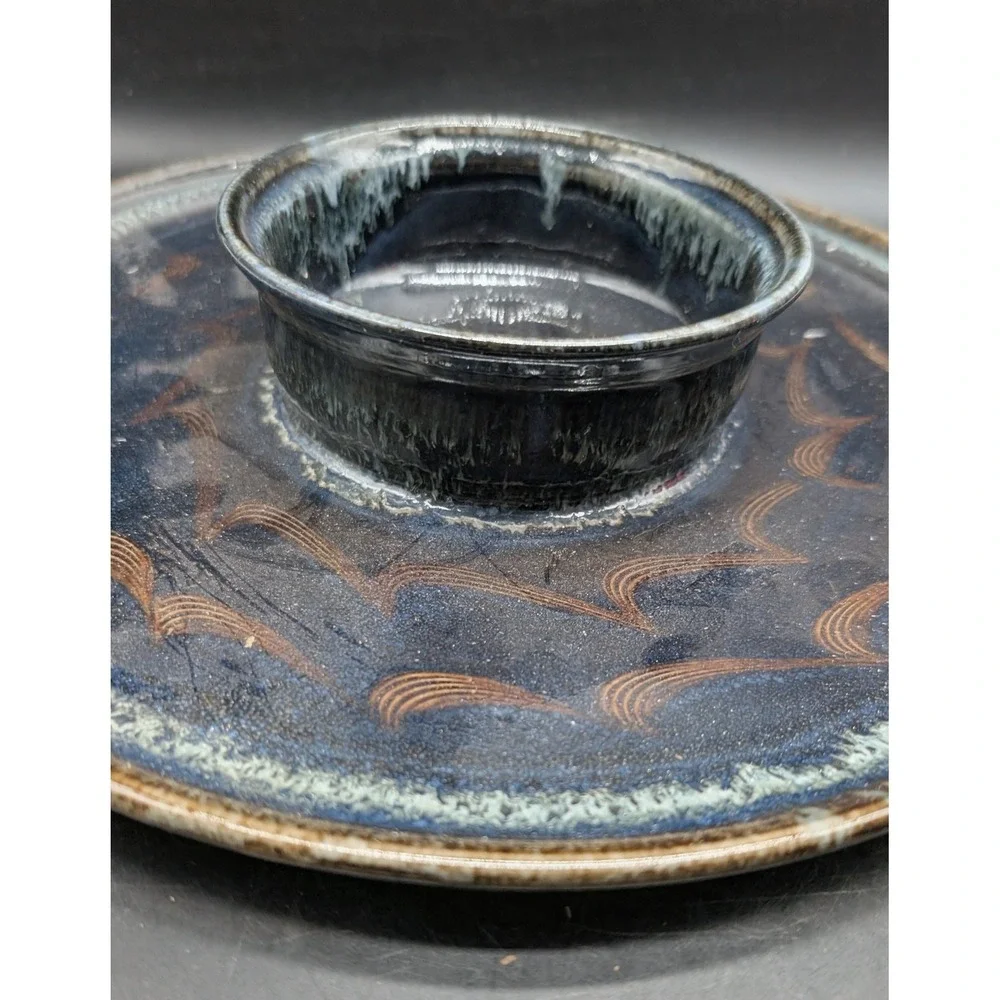 Studio Pottery Chip and Dip Serving Set Blue Brown Combed Wave Ceramic Signed